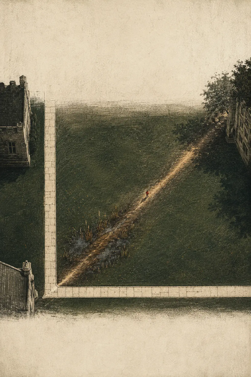 Aerial illustration of a diagonal desire path crossing a formal campus quad
