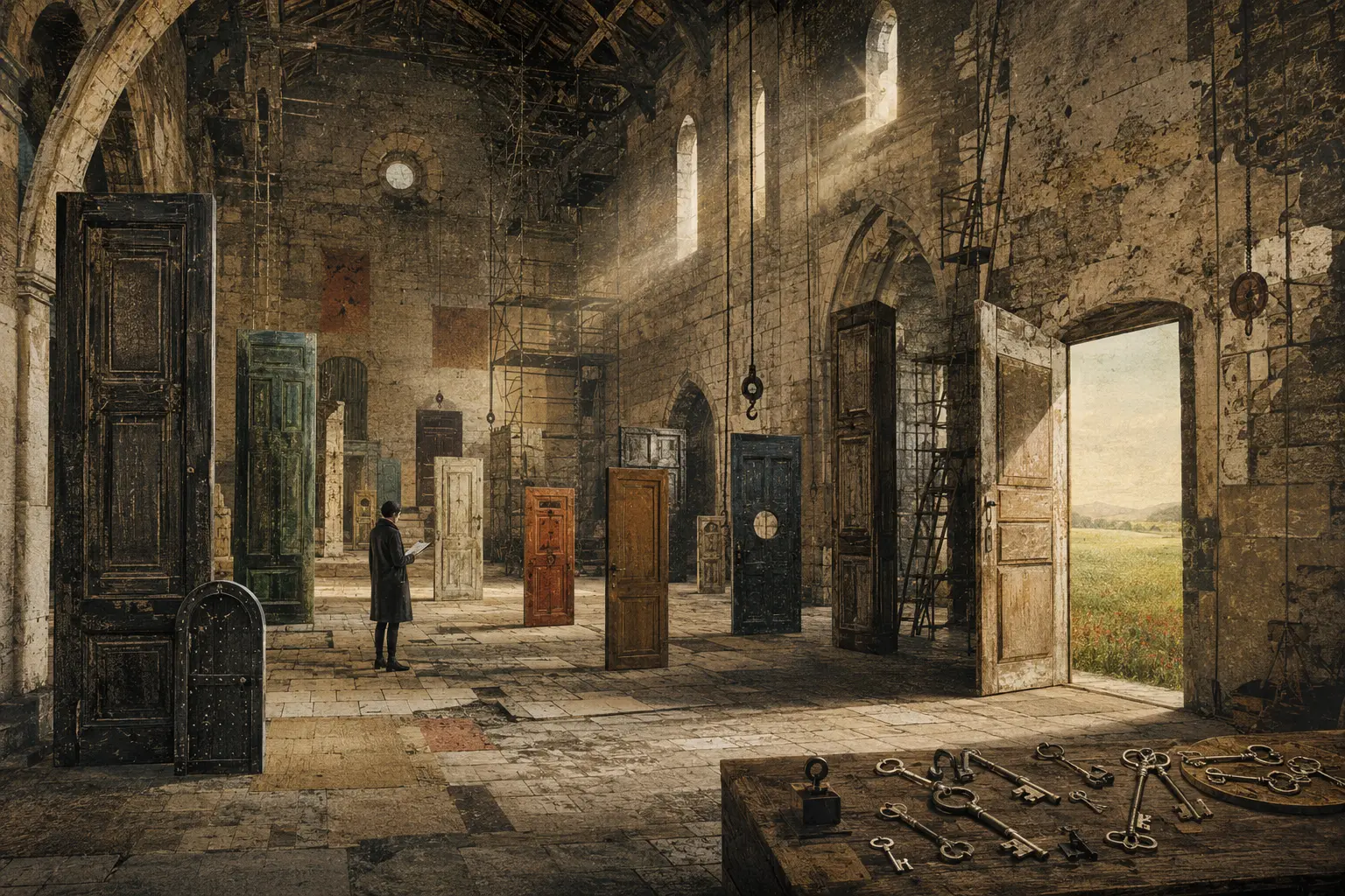 Etched church interior filled with freestanding doors and a table of unused keys